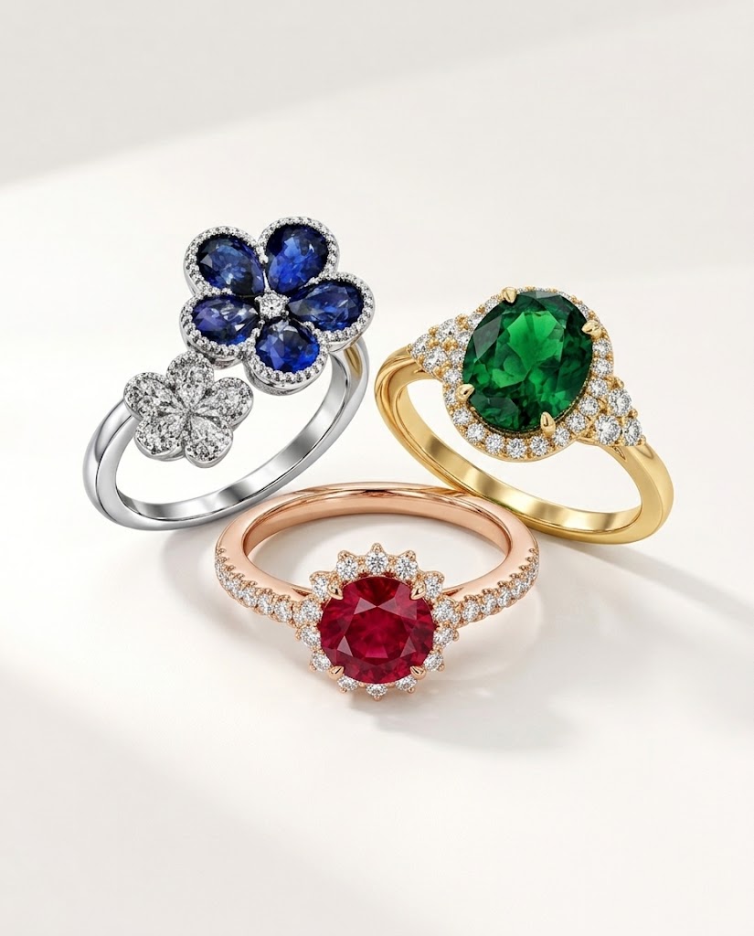Three rings with a blue sapphire flower, a green emerald halo and a red ruby halo