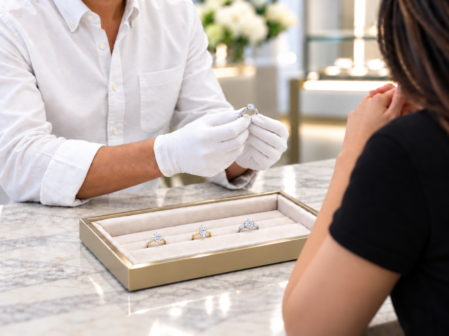 A Lihara jewelry expert showing engagement rings
