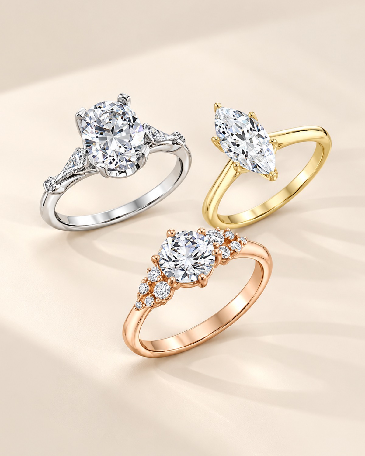 Three Lihara engagement rings in white, yellow and rose gold