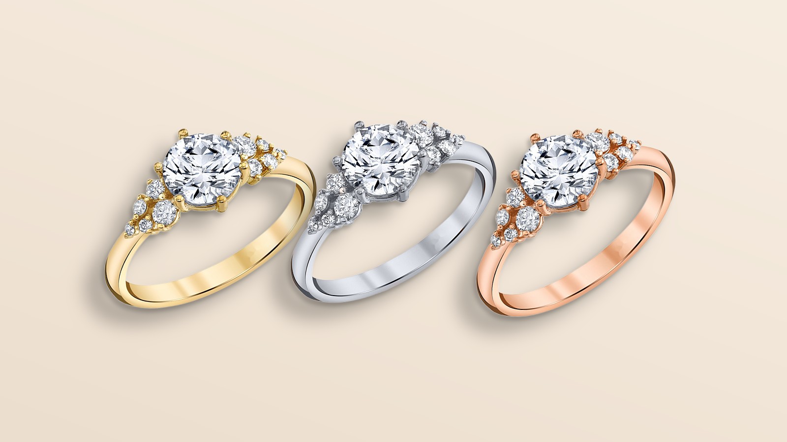 The Scattered Crown Solitaire in yellow, white and rose gold
