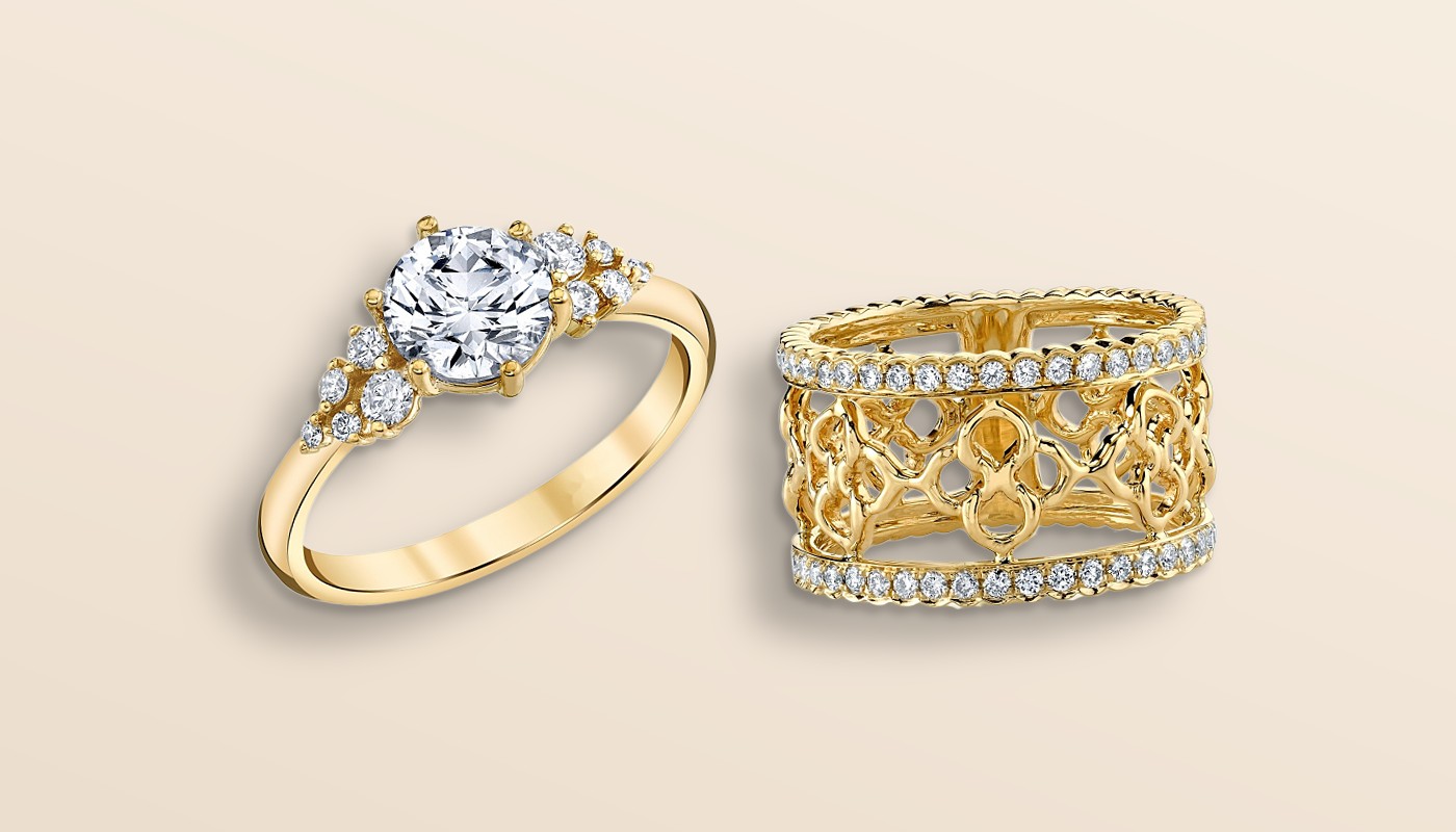 The Scattered Crown Solitaire and the Wide Clover Cigar Band in yellow gold