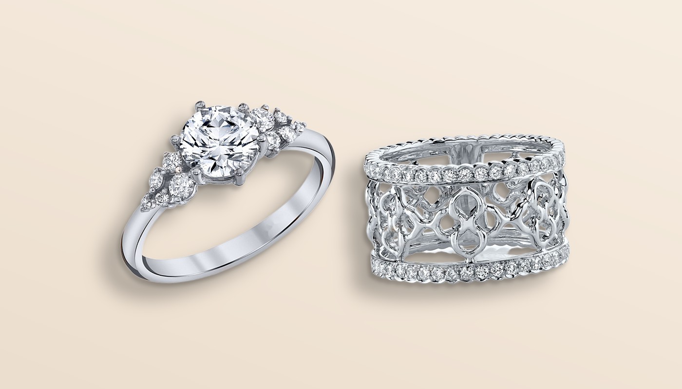 The Scattered Crown Solitaire and the Wide Clover Cigar Band in white gold