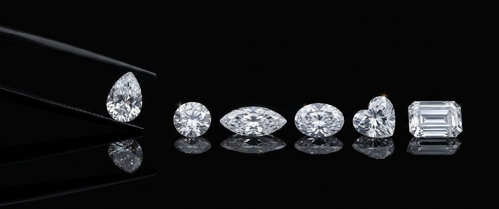 Loose lab-grown diamonds in pear, round, marquise, oval, heart and emerald cuts on a black background