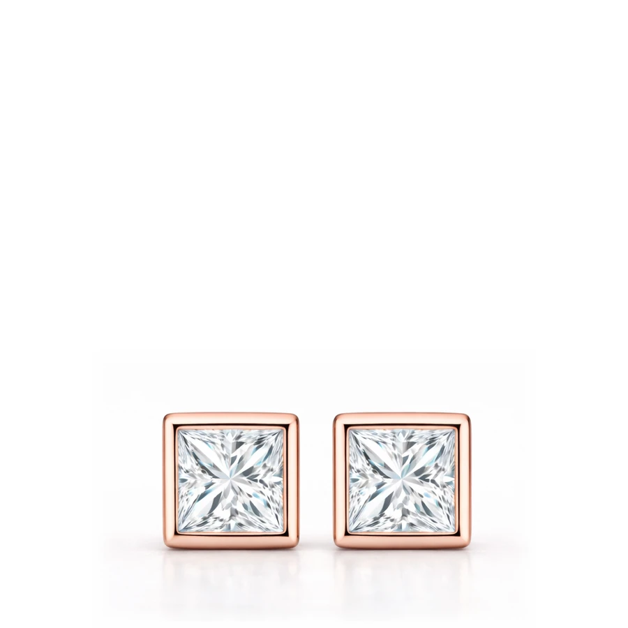 Princess Cut Bezel Studs 2ct Rose Gold