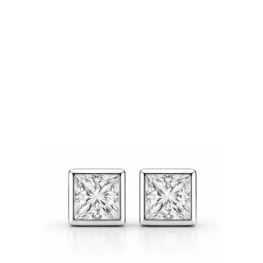 Princess Cut Bezel Studs 1ct White Gold