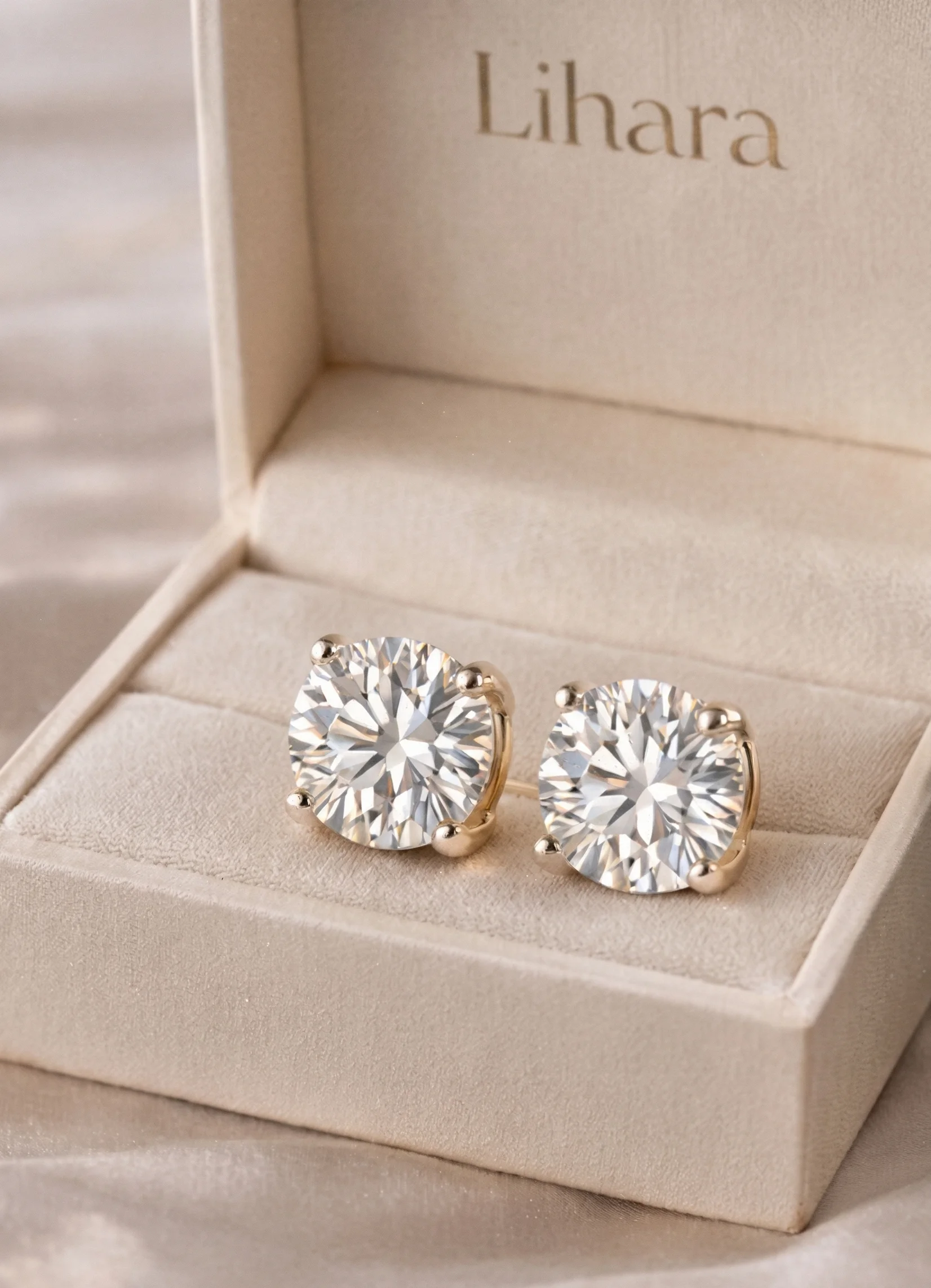 Round brilliant diamond studs in Lihara box